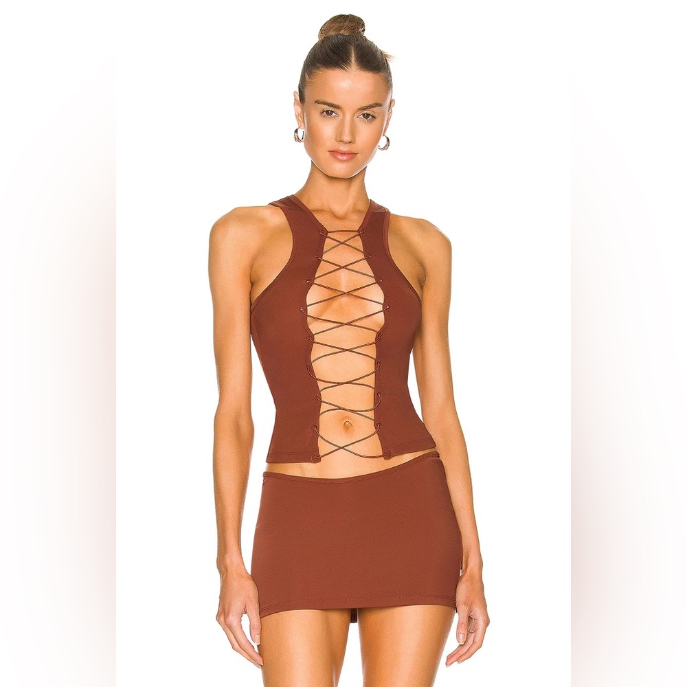 Miaou Rust Brown Lace-Up Crop Top and Mini Skirt Set